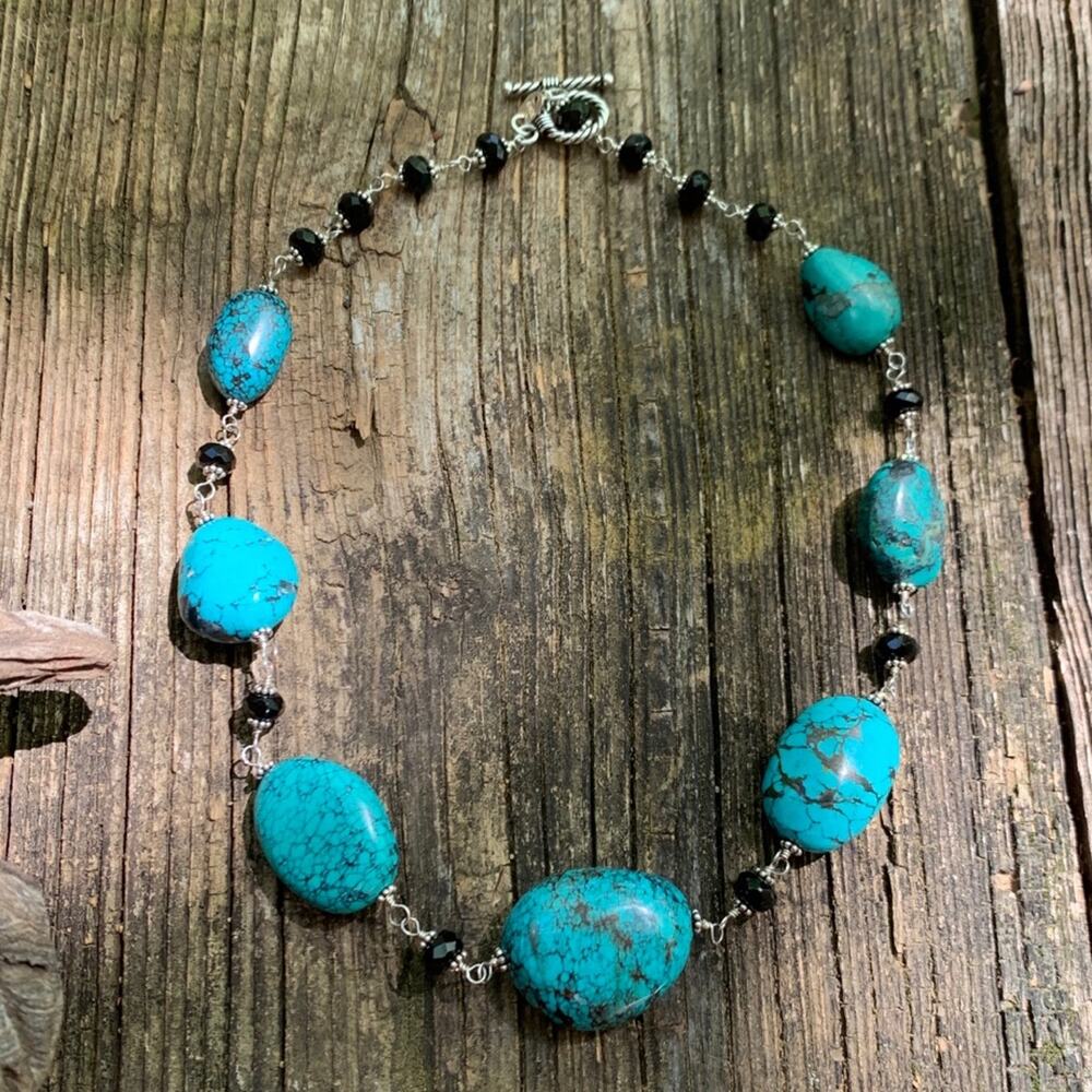 Vintage Sterling Silver, Black Onyx and Turquoise Necklace by Sally C SX